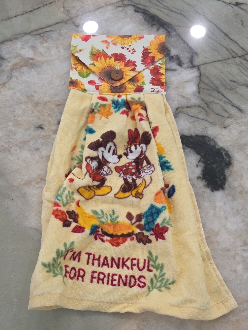 Disney Yellow Mickey & Minnie Fall Hanging Kitchen Towel with Sunflower Top